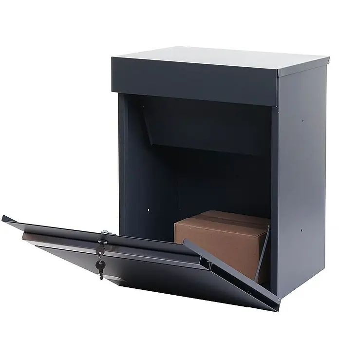 Proregal Standbriefkasten Paketkasten - L x B x H: 36 x 45 x 58 cm, Anthrazit-Edelstahl, Metall, Paketfach - Ein grauer Paketkasten mit geöffneter Tür, in dem ein Paket liegt. Der Kasten bietet eine sichere Aufbewahrung für Ihre Sendungen.