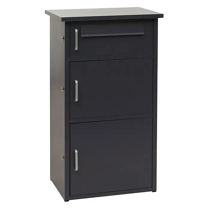 Proregal Standbriefkasten Paketkasten mit 3 Fächern - L x B x H: 38 x 49 x 89 cm, Dunkelgrau, Stahl, Paketfach - Eine anthrazitfarbene Paketbox mit drei Fächern und silbernen Griffen bietet sichere Aufbewahrung für Lieferungen. Praktisch und stilvoll.