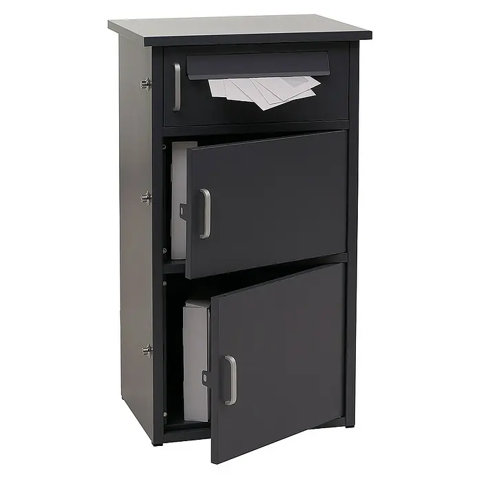Proregal Standbriefkasten Paketkasten mit 3 Fächern - L x B x H: 38 x 49 x 89 cm, Dunkelgrau, Stahl, Paketfach - Grauer abschließbarer Briefkasten mit Ablagefächern. Der ideale Standbriefkasten zur sicheren Aufbewahrung von Post und kleinen Paketen.