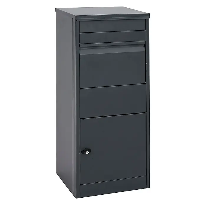 Proregal Standbriefkasten Paketkasten - L x B x H: 38 x 41 x 102 cm, Anthrazit, Metall, Paketfach - Bild eines Anthrazitfarbenen Briefkastens mit abschließbarem Fach zur sicheren Aufbewahrung von Post und Paketen.