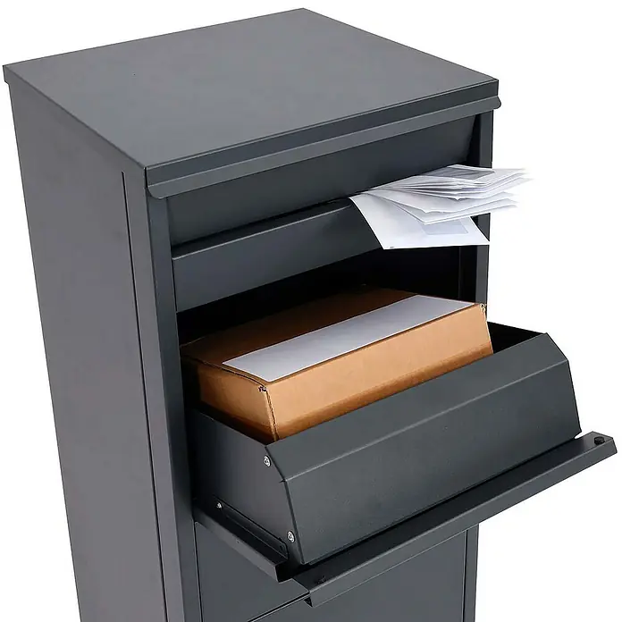 Proregal Standbriefkasten Paketkasten - L x B x H: 38 x 41 x 102 cm, Anthrazit, Metall, Paketfach - Eine moderne, graue Paketbox mit Briefschlitz und entnehmbarer Box für sichere Paketlieferungen. Ideal für den Empfang von Sendungen aller Art.