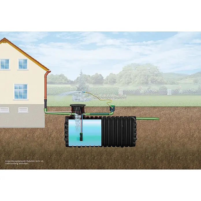 Zisterne Erdtank Primus 4200 L mit Profi-Abdeckung - Gesamt Fassungsvermögen: 4.200 l, 1 Stk., Schwarz - Eine Regenwassernutzungsanlage im Garten mit einem unterirdischen Tank, der Wasser für die Gartenbewässerung speichert.