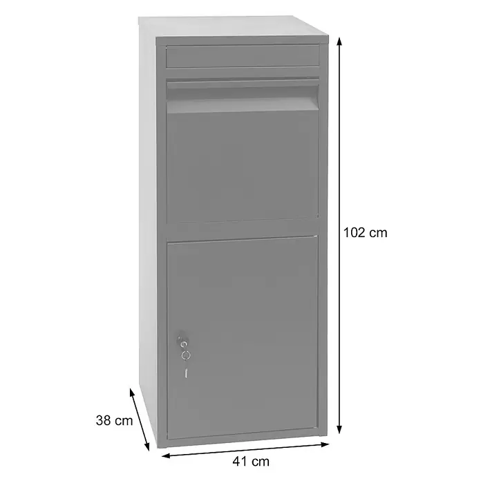Proregal Standbriefkasten Paketkasten - L x B x H: 38 x 41 x 102 cm, Anthrazit, Metall, Paketfach - Produktbild: Grauer Briefkasten mit den Maßen 102 cm Höhe, 41 cm Breite und 38 cm Tiefe. Solide Konstruktion für den Außenbereich.