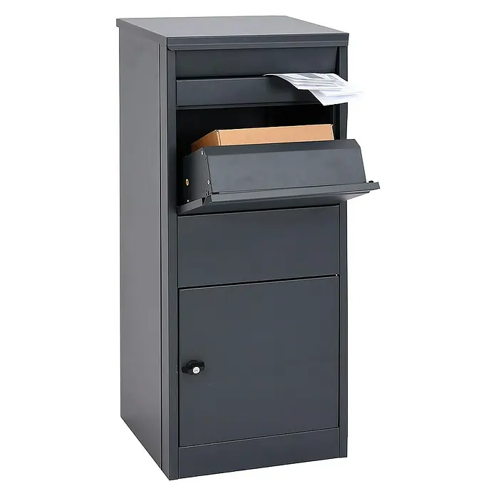Proregal Standbriefkasten Paketkasten - L x B x H: 38 x 41 x 102 cm, Anthrazit, Metall, Paketfach - Ein freistehender grauer Briefkasten mit Fächern für Briefe, Pakete und einer abschließbaren Tür für sichere Aufbewahrung.