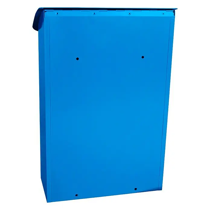 Proregal Wandbriefkasten Lugon aus verzinktem Stahl mit Namensschild - Blau, Stahl, Namensschild - Nahaufnahme eines hellblauen Briefkastens mit Löchern zur Befestigung, ideal für sicheren Empfang von Post und kleinen Paketen.