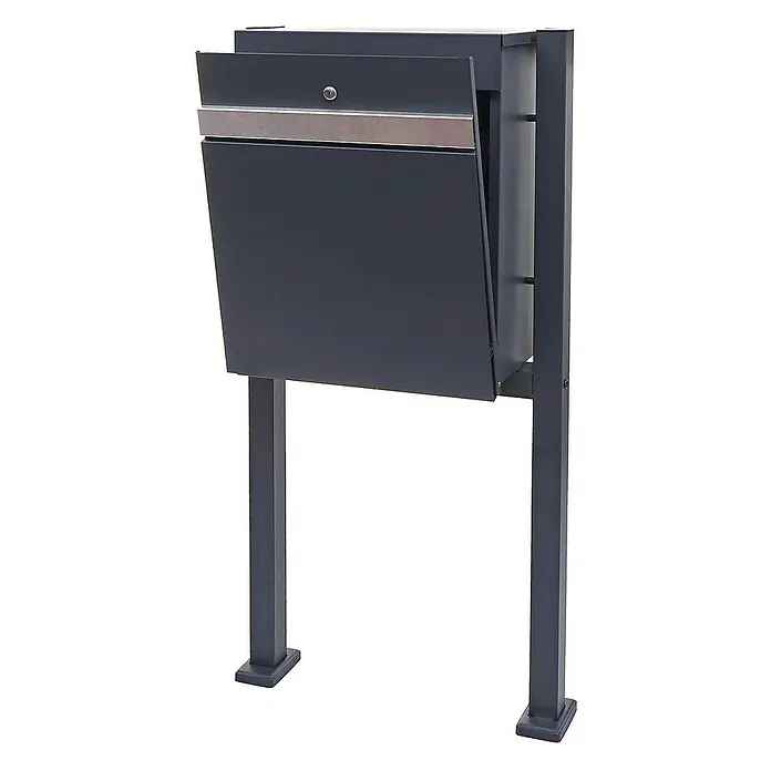 Proregal Standbriefkasten Paketkasten mit Standfuß - L x B x H: 36 x 59 x 120 cm, Edelstahl, Metall, Paketfach - Moderner, freistehender Briefkasten in Anthrazit mit Edelstahlakzenten und abschließbarer Klappe für sichere Postzustellung.