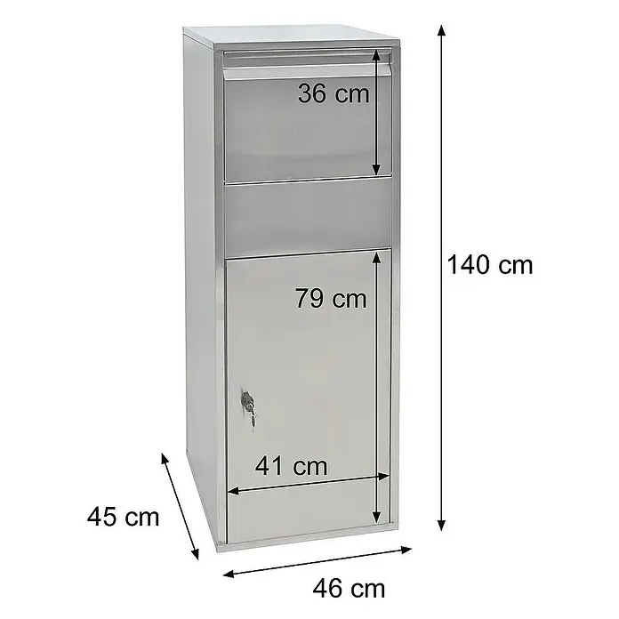 Proregal Standbriefkasten Paketkasten - Edelstahl, Metall, Paketfach - Produktansicht des Edelstahl-Briefkastens mit Abmessungen. Optimal für sichere Postzustellung und stilvolles Design.