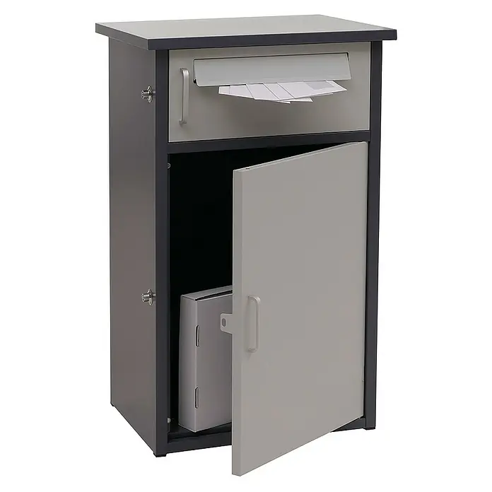Paketkasten mit 2 Fächern | HxBxT 78x49x38cm | Stahl | Dunkelgrau/Grau| Paketbox Paketfach Paketstation Briefkasten -  - Moderner, grauer Standbriefkasten mit Einwurfschlitz oben und abschließbarer Tür unten für mehr Sicherheit.