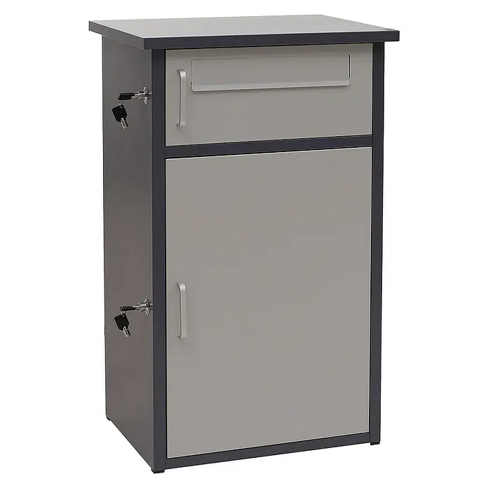 Paketkasten mit 2 Fächern | HxBxT 78x49x38cm | Stahl | Dunkelgrau/Grau| Paketbox Paketfach Paketstation Briefkasten -  - Abgebildeter grauer Briefkasten mit zwei abschließbaren Fächern und praktischen Griffen für sichere Postaufbewahrung.