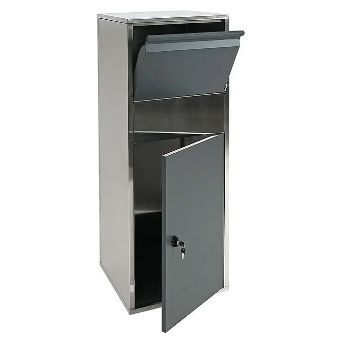 Proregal Standbriefkasten Paketkasten - Edelstahl, Metall, Paketfach - Das Bild zeigt einen geöffneten, grauen Schlüsseltresor aus Metall mit einem Drehverschluss.