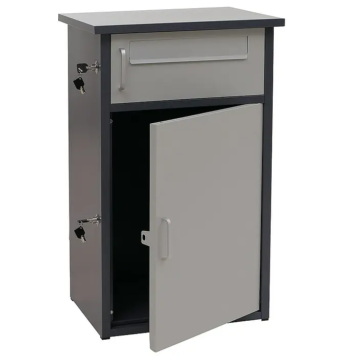 Paketkasten mit 2 Fächern | HxBxT 78x49x38cm | Stahl | Dunkelgrau/Grau| Paketbox Paketfach Paketstation Briefkasten -  - Ein grauer, abschließbarer Paketkasten mit einer Tür, ideal für die sichere Aufbewahrung von Paketen und Postsendungen.
