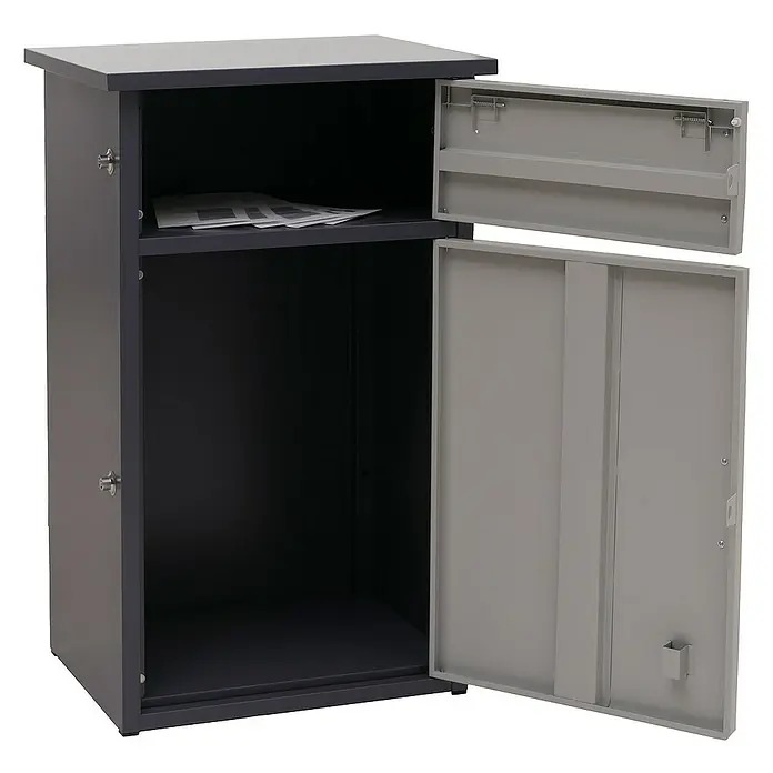 Paketkasten mit 2 Fächern | HxBxT 78x49x38cm | Stahl | Dunkelgrau/Grau| Paketbox Paketfach Paketstation Briefkasten -  - Bild eines grauen Briefkasten-Schließfachs mit zwei Fächern, offen, für Pakete und Post.