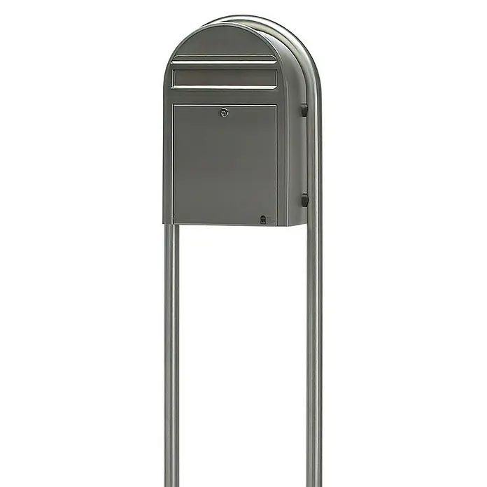 Proregal Wandbriefkasten Miami - L x B x H: 50 x 32 x 21 cm, Silber, Metall - Abgebildeter freistehender, grauer Briefkasten aus Metall mit abgerundetem Dach und senkrechten Stützen.