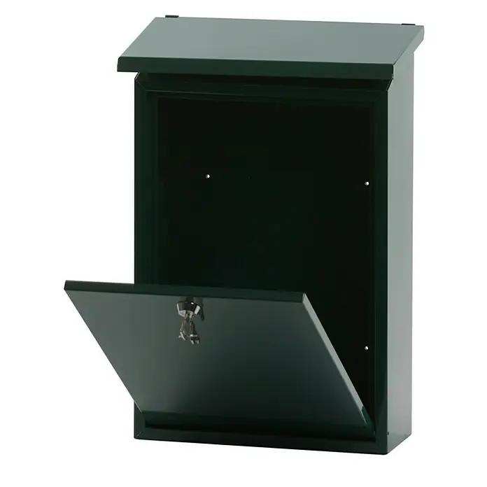 Proregal Wandbriefkasten Toledon mit Schrägdach & Zylinderschloß - Grün, Metall - Ein grüner Briefkasten mit offenem Schloss, der die sichere Aufbewahrung von Post hervorhebt.