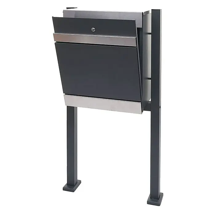 Proregal Standbriefkasten Paketkasten mit Standfuß - L x B x H: 36 x 59 x 120 cm, Edelstahl, Metall, Paketfach - Freistehender, anthrazitfarbener Briefkasten mit Edelstahlapplikationen und geöffneter Klappe für einfache Postentnahme.