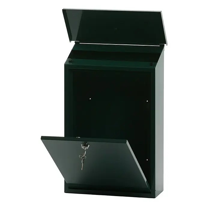 Proregal Wandbriefkasten Toledon mit Schrägdach & Zylinderschloß - Grün, Metall - Grüner Briefkasten mit offenem Deckel und Schloss.