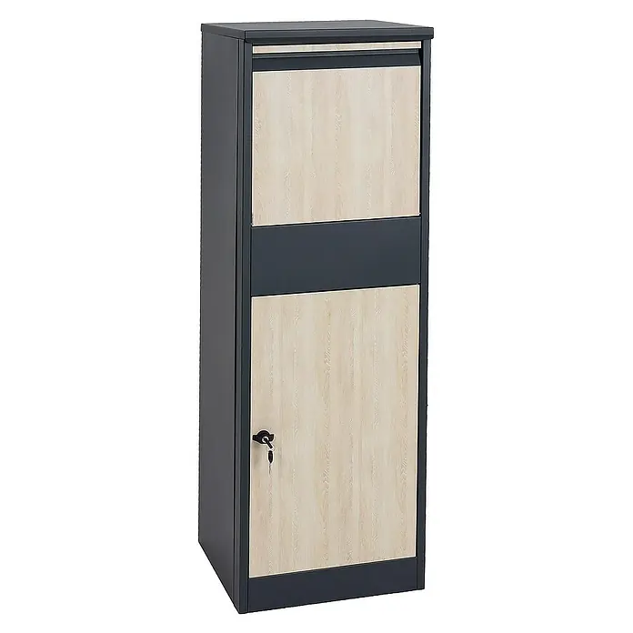 Proregal Standbriefkasten Paketkasten - L x B x H: 45 x 46 x 140 cm, Anthrazit, Metall, Paketfach - Ein eleganter, abschließbarer Büroschrank mit Holzdekorfront und anthrazitfarbenem Rahmen, ideal für die stilvolle Aufbewahrung wichtiger Dokumente.