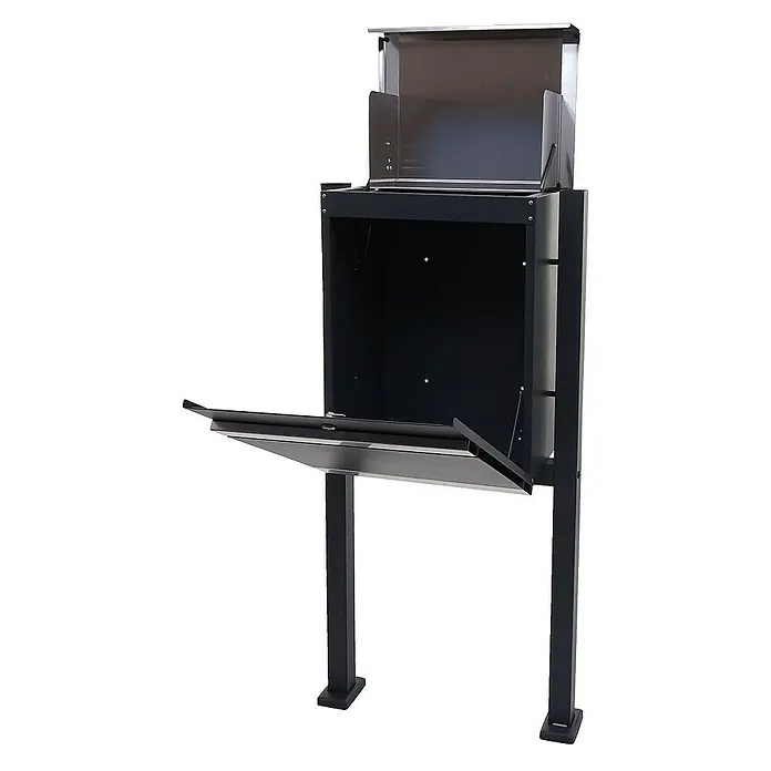 Proregal Standbriefkasten Paketkasten mit Standfuß - L x B x H: 36 x 59 x 120 cm, Edelstahl, Metall, Paketfach - Bild einer schwarzen, freistehenden Zeitungsbox mit einer Ablage und einer oberen Öffnung.