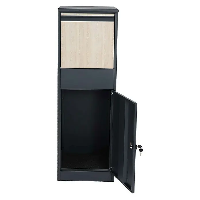 Proregal Standbriefkasten Paketkasten - L x B x H: 45 x 46 x 140 cm, Anthrazit, Metall, Paketfach - Ein detailreiches Bild eines freistehenden, abschließbaren Paketbriefkastens mit offenem Fach, ideal für sichere Lieferungen.