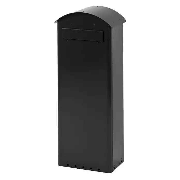 Proregal Standbriefkasten mit beidseitiger Einwurföffnung - L x B x H: 27 x 37,5 x 98,5 cm, Schwarz, Metall - Das Bild zeigt einen schwarzen Briefkasten mit abgerundetem Dach und einem Schlitz für Post, ideal für den Außenbereich.