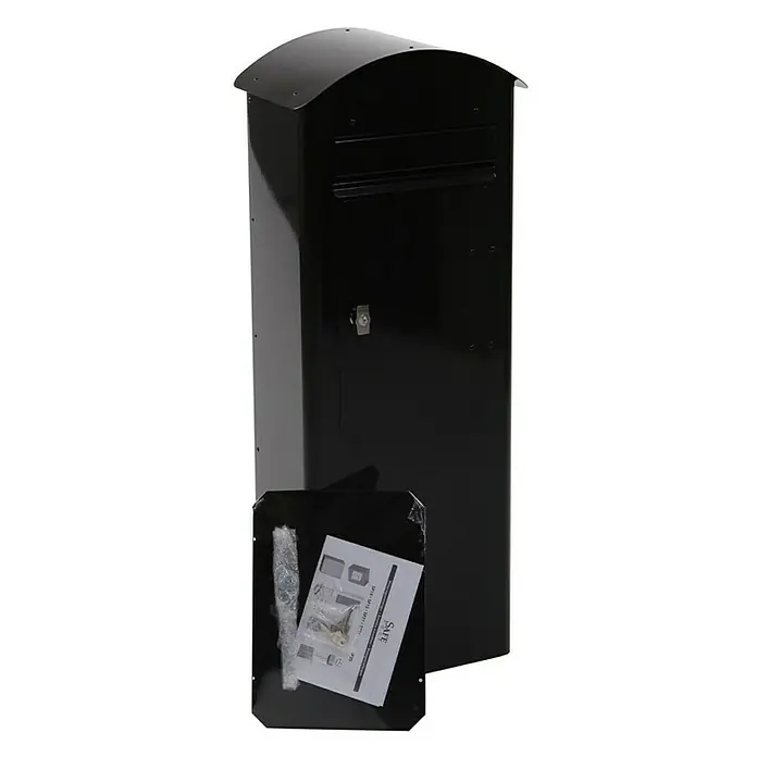 Proregal Standbriefkasten mit beidseitiger Einwurföffnung - L x B x H: 27 x 37,5 x 98,5 cm, Schwarz, Metall - Nahaufnahme eines schwarzen Briefkastens mit abgerundetem Dach und Zubehör, ideal für die sichere Aufbewahrung von Post.