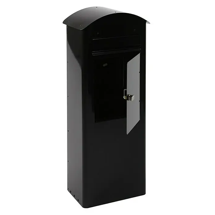 Proregal Standbriefkasten mit beidseitiger Einwurföffnung - L x B x H: 27 x 37,5 x 98,5 cm, Schwarz, Metall - Freistehender, abschließbarer Briefkasten aus schwarzem Metall mit abgerundetem Dach und offener Fronttür.