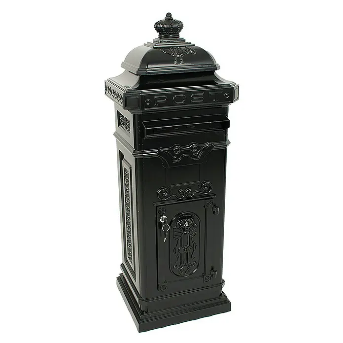 Proregal Standbriefkasten aus Gießaluminium - Schwarz, Metall - Schwarzer Briefkasten mit dekorativen Details und einem Schloss mit Schlüssel, der für den Außenbereich geeignet ist.