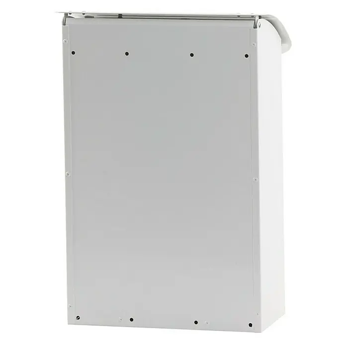 Proregal Wandbriefkasten feuergeprüft aus Metall - Weiß, Metall - Ansicht einer weißen Metallbox mit Befestigungslöchern und einer Stange, möglicherweise ein Wandschrank oder eine ähnliche Aufbewahrungseinheit.