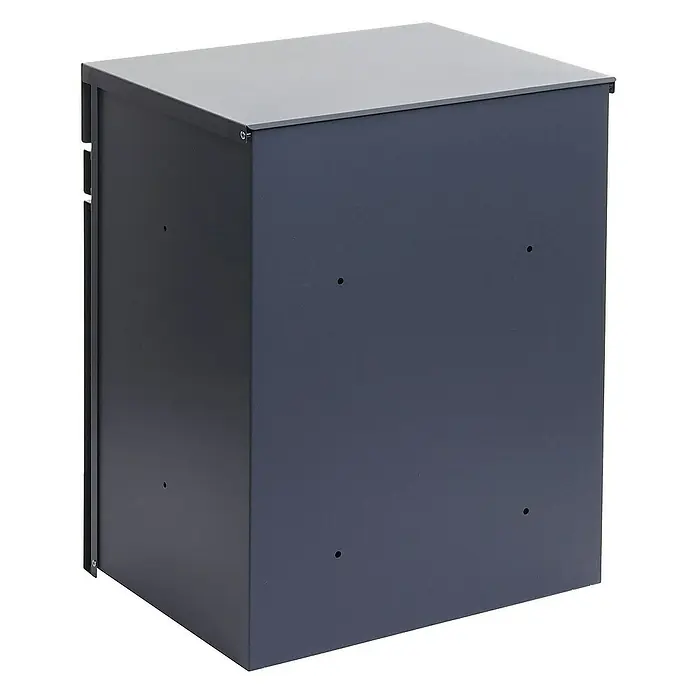 Proregal Standbriefkasten Paketkasten - Anthrazit-Holz, Metall, Paketfach - Eine Nahaufnahme eines modernen, würfelförmigen Briefkastens aus Metall in dunkler Farbe mit einem flachen, grauen Oberteil und Montageöffnungen.