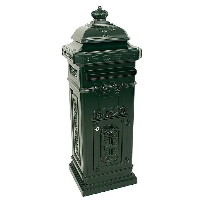Proregal Standbriefkasten aus Gießaluminium - L x B x H: 36,5 x 33 x 110 cm, Grün, Metall - Elegante grüne Briefsäule mit Krone und kunstvollen Verzierungen. Die ideale Ergänzung für jeden Hauseingang, der Stil und Funktionalität vereint.
