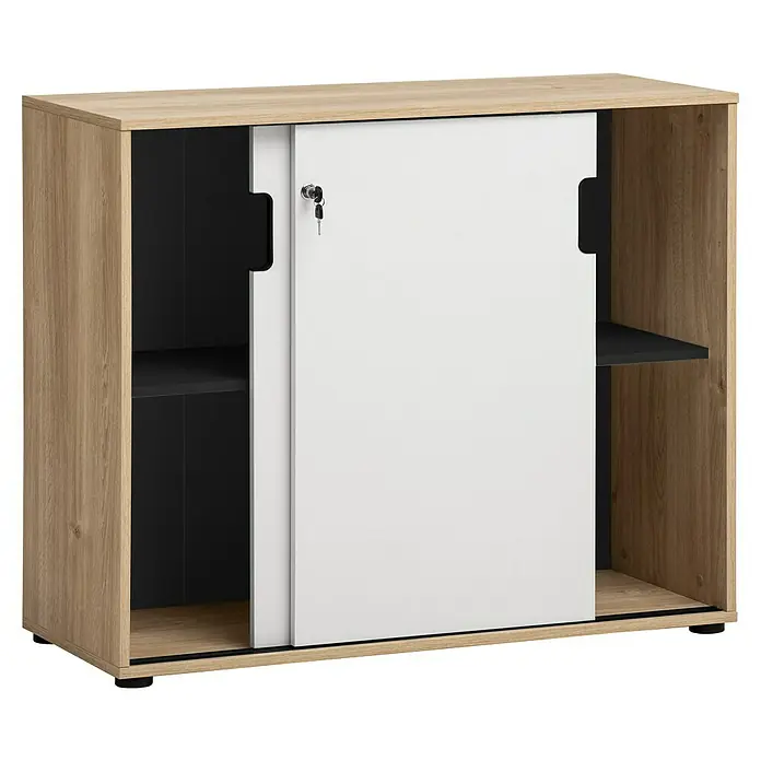 Schildmeyer Emmik Schiebetürschrank - L x B x H: 41 x 100,1 x 83,6 cm, Weiß/Eiche - Abbildung eines Büroschranks in Holzoptik mit einer weißen Schiebetür und einem schwarzen Innenraum mit Regalen.