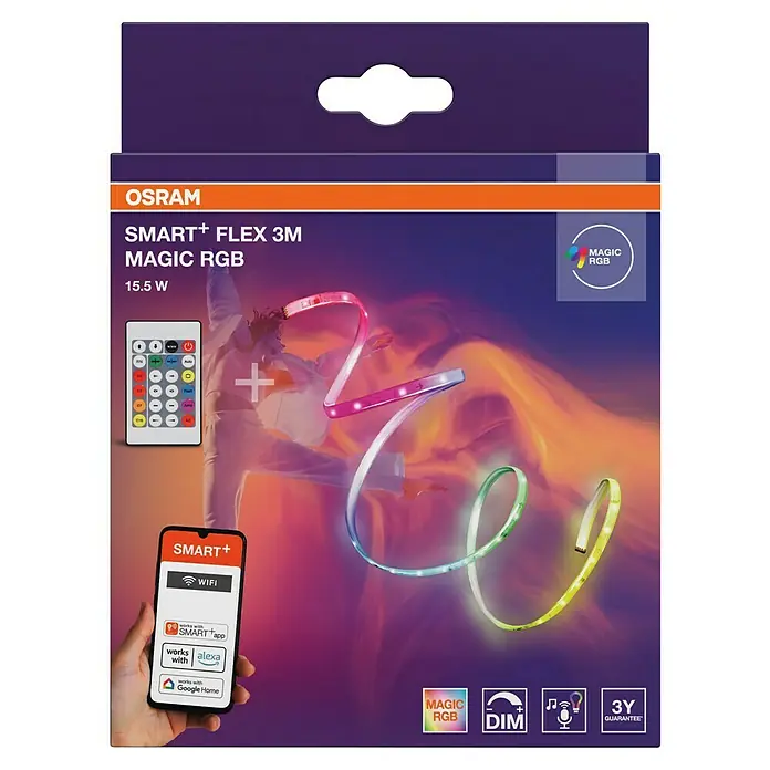 Osram Smart+ LED-Band Flex - Länge: 300 cm, Lichtfarbe: RGB, 15,5 W, 220 V - 240 V - Produktverpackung für OSRAM SMART+ FLEX 3M MAGIC RGB LED-Streifen mit Fernbedienung und Smartphone-Steuerung.