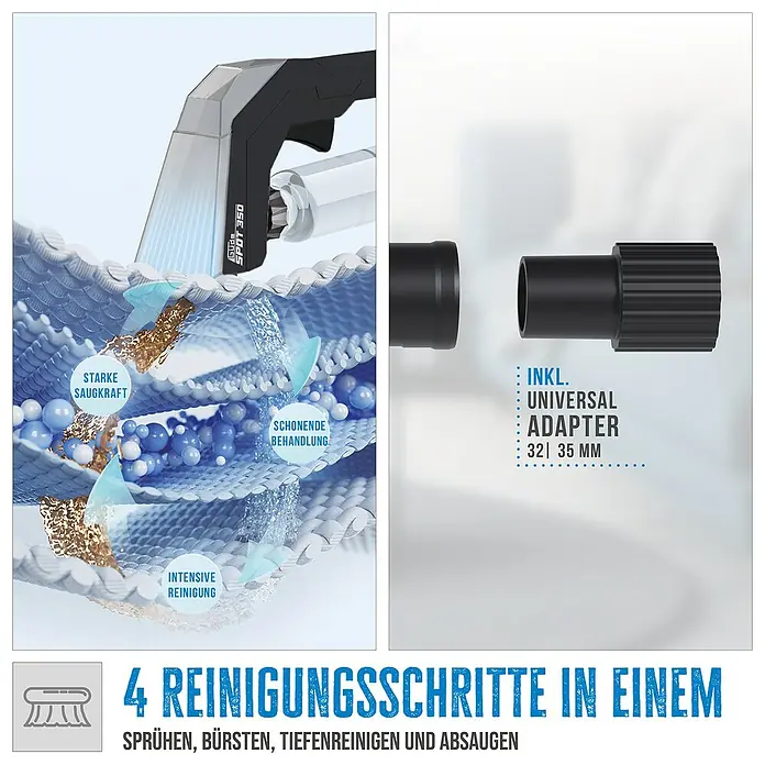 Güde Nass-Trockensauger Pro 30 - 1.800 W, 30 l, Filterreinigung: Vollautomatisch - Abbildung des Textilreinigers mit Universaladapter und Hinweisen zu den vier Reinigungsschritten.