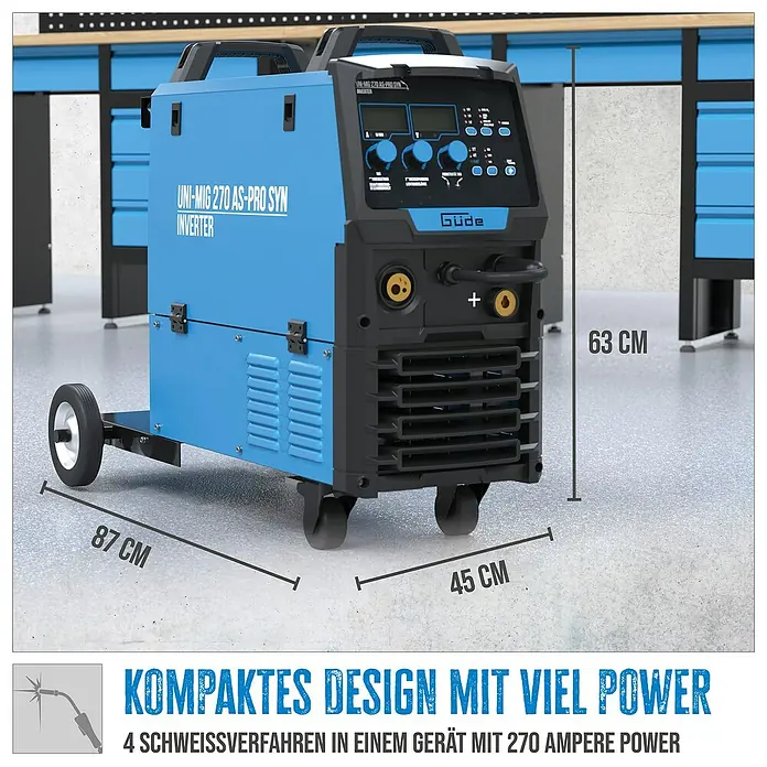 Güde Kombi-Schweißgerät Uni-Mig 270 AS-Pro SYN - Schweißstrom: 30 A - 270 A - Produktbild eines blauen Güde UNI-MIG 270 AS-PRO SYN Inverter Schweißgeräts mit Maßangaben für Höhe, Breite und Tiefe.