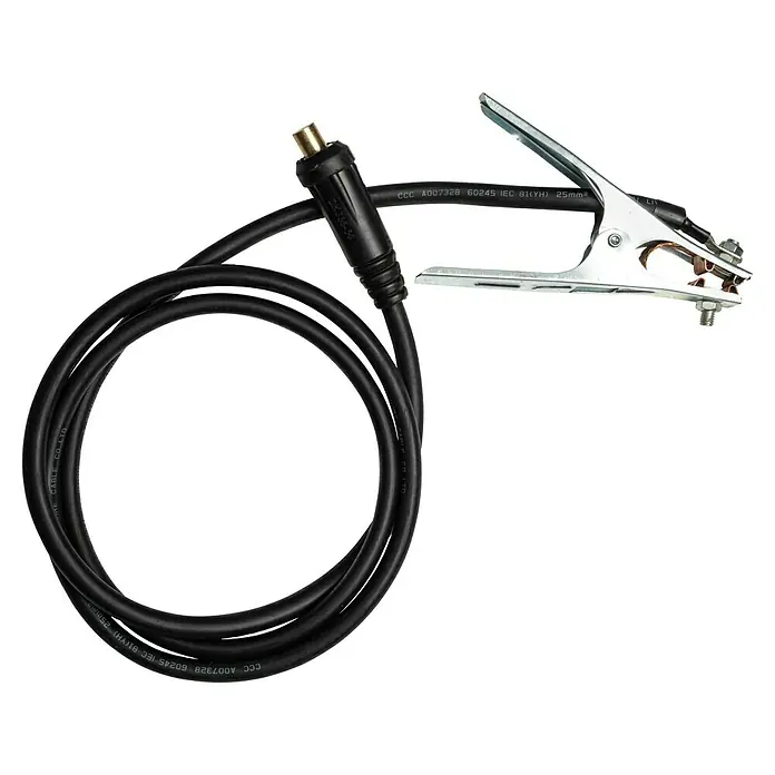 Güde Kombi-Schweißgerät Uni-Mig 270 AS-Pro SYN - Schweißstrom: 30 A - 270 A - Schwarzes Massekabel mit Stecker und Masseklemme für Schweißarbeiten, ideal für sichere und zuverlässige Stromverbindungen.