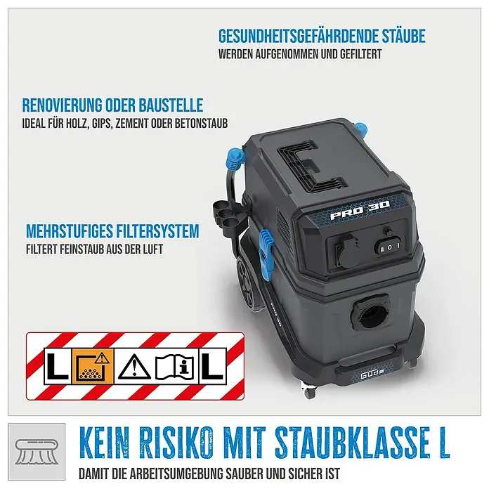 Güde Nass-Trockensauger Pro 30 - 1.800 W, 30 l, Filterreinigung: Vollautomatisch - Abbildung eines Güde PRO 30 Staubsaugers mit Hinweisen zu seinen vielfältigen Einsatzmöglichkeiten.