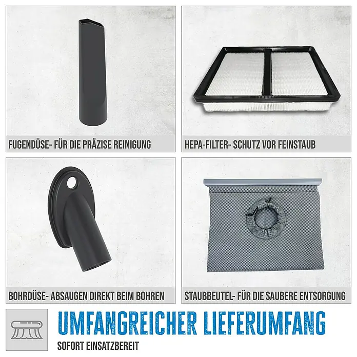 Güde Nass-Trockensauger Pro 30 - 1.800 W, 30 l, Filterreinigung: Vollautomatisch - Bild von Fugendüse, HEPA-Filter, Bohrdüse und Staubbeutel. Umfangreicher Lieferumfang.