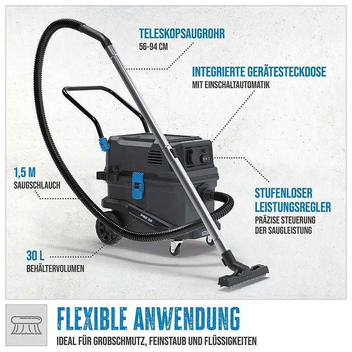 Güde Nass-Trockensauger Pro 30 - 1.800 W, 30 l, Filterreinigung: Vollautomatisch - Abbildung eines GÜDE PRO 30 Nass-Trockensaugers mit Teleskopsaugrohr, integrierter Gerätesteckdose und stufenloser Leistungsregelung.
