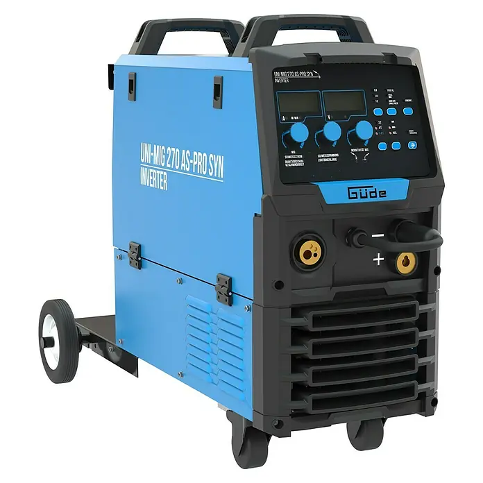 Güde Kombi-Schweißgerät Uni-Mig 270 AS-Pro SYN - Schweißstrom: 30 A - 270 A - Produktbild eines blauen Güde UNI-MIG 270 AS-PRO SYN Inverter Schweißgeräts mit schwarzem Bedienfeld und Tragegriffen.