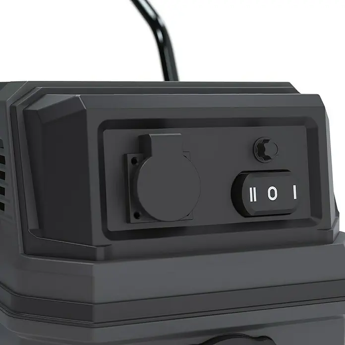 Güde Nass-Trockensauger Pro 30 - 1.800 W, 30 l, Filterreinigung: Vollautomatisch - Detailaufnahme einer schwarzen Stromquelle mit Schalter, Steckdose und Drehknopf für verschiedene elektrische Anwendungen.