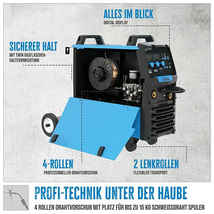 Güde Kombi-Schweißgerät Uni-Mig 270 AS-Pro SYN - Schweißstrom: 30 A - 270 A - Abbildung eines Güde Schweißgeräts mit digitalem Display, 4-Rollen Drahtvorschub und Twin Gasflaschen-Haltevorrichtung für Profi-Technik.