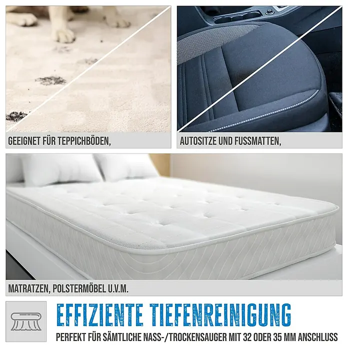 Güde Nass-Trockensauger Pro 30 - 1.800 W, 30 l, Filterreinigung: Vollautomatisch - Produktdarstellung für Teppiche, Autositze, Matratzen und Polstermöbel. Das Produkt ermöglicht eine effiziente Tiefenreinigung.