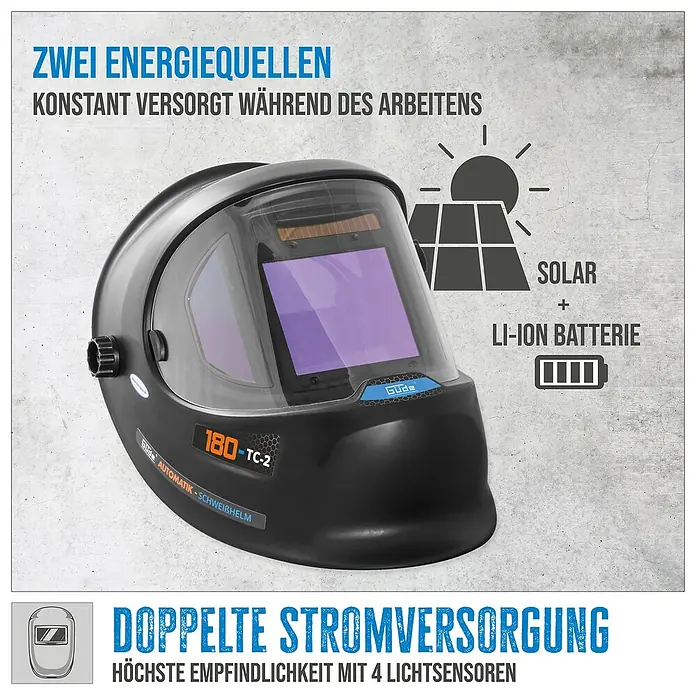 Güde Kombi-Schweißgerät Uni-Mig 270 AS-Pro SYN - Schweißstrom: 30 A - 270 A - Abbildung eines Automatik-Schweißhelms von Güde, Modell 180-TC-2, mit Solar- und Li-Ion-Batterie-Stromversorgung für höchste Empfindlichkeit.