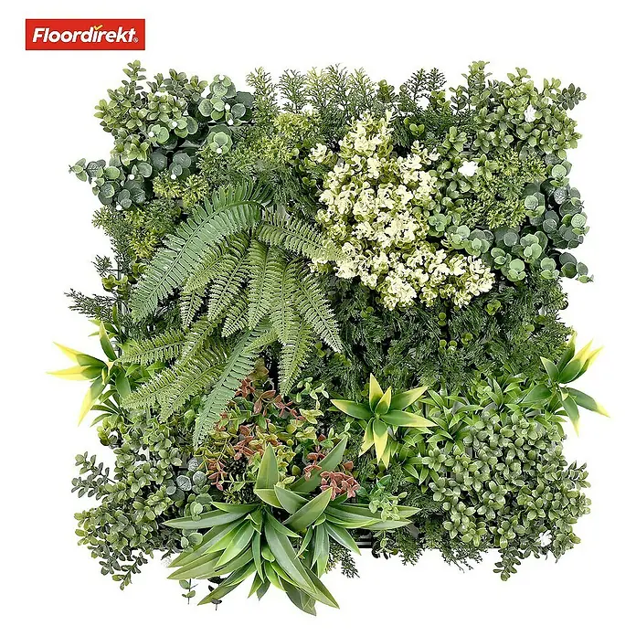 Floordirekt Kunstpflanze Pflanzenwand Rhea C 50 x 50 cm - Blütenfarbe: Grün, Kunststoff - Künstliche grüne Wandpaneele mit verschiedenen Pflanzen und Texturen, ideal für eine lebendige Inneneinrichtung.