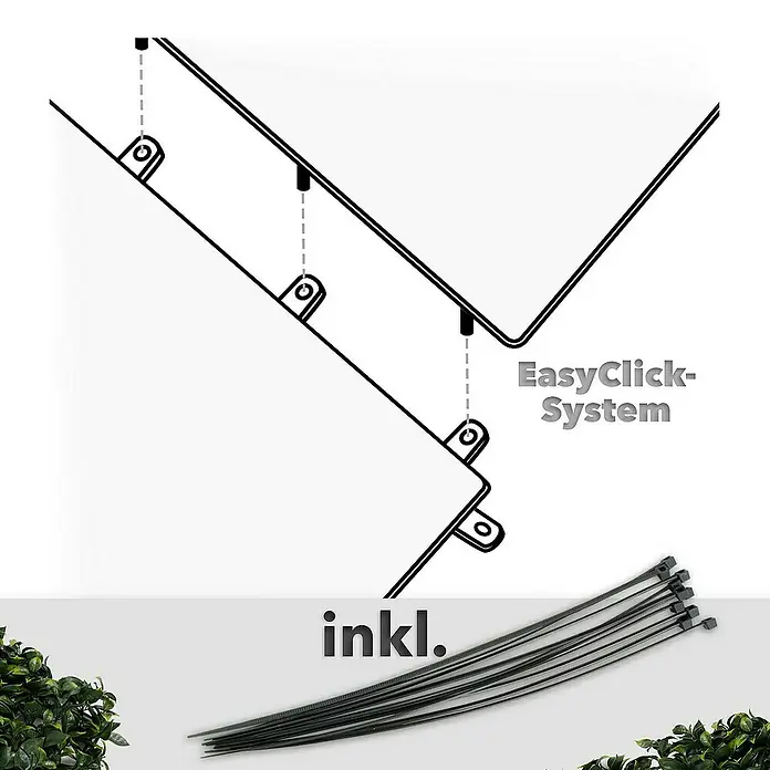 Floordirekt Kunstpflanze Pflanzenwand Gardenia 50 x 50 cm - Blütenfarbe: Grün, Kunststoff - Abbildung eines EasyClick-Systems mit Kabelbindern zur einfachen Montage von Produkten.