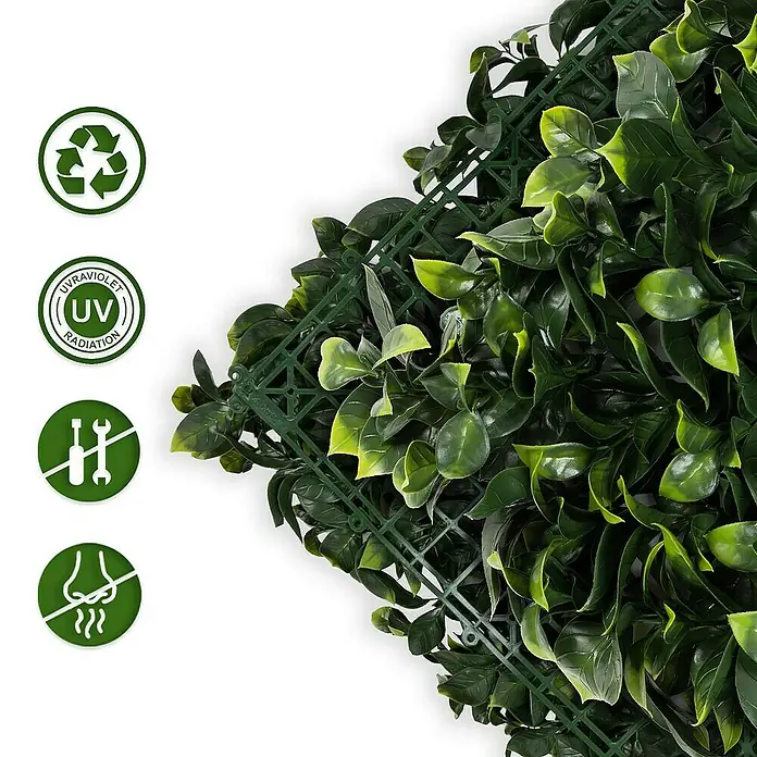 Floordirekt Kunstpflanze Pflanzenwand Gardenia 50 x 50 cm - Blütenfarbe: Grün, Kunststoff - Detailaufnahme einer künstlichen Heckenmatte, die UV-beständig, recycelbar und einfach zu installieren ist. Geruchsneutral und umweltfreundlich.