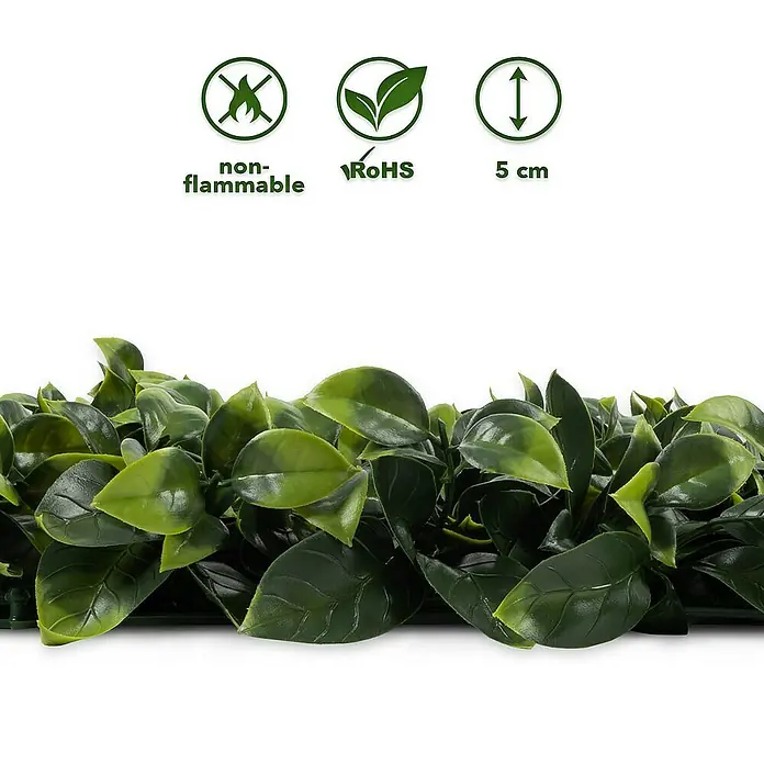 Floordirekt Kunstpflanze Pflanzenwand Gardenia 50 x 50 cm - Blütenfarbe: Grün, Kunststoff - Bild einer künstlichen Hecke mit den Aufschriften „Nicht brennbar, RoHS und 5 cm“ für Produktdetails und Spezifikationen.