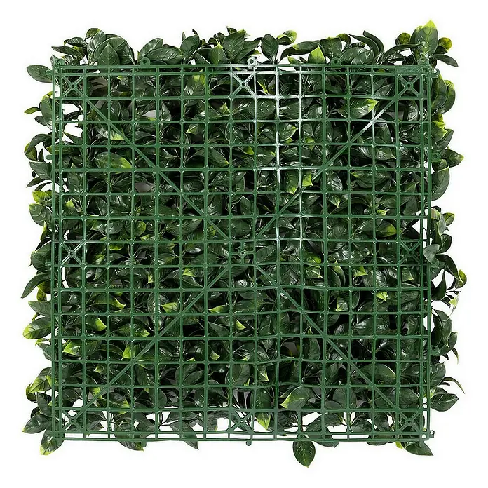 Floordirekt Kunstpflanze Pflanzenwand Gardenia 50 x 50 cm - Blütenfarbe: Grün, Kunststoff - Ein quadratisches Paneel mit künstlichen, grünen Blättern auf einem grünen Kunststoffgitter, ideal als dekorativer Hintergrund oder zur Verschönerung von Wänden.