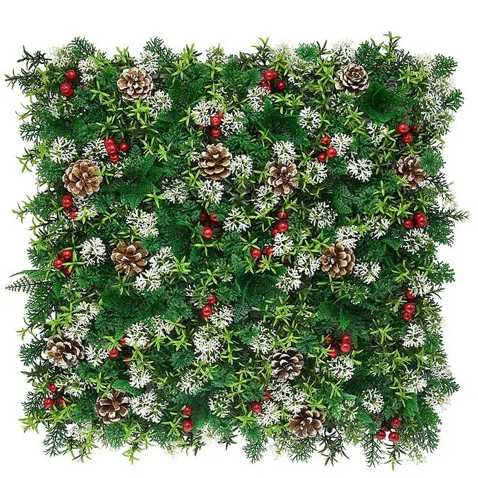 Floordirekt Kunstpflanze Pflanzenwand Festive 50 x 50 cm - Blütenfarbe: Grün, Kunststoff - Ein dekoratives Quadrat mit Tannenzapfen, roten Beeren und weißen Blumen auf grünem Blattwerk, ideal für festliche Dekorationen.