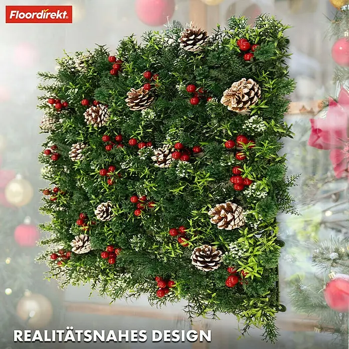 Floordirekt Kunstpflanze Pflanzenwand Festive 50 x 50 cm - Blütenfarbe: Grün, Kunststoff - Quadratisches Wandbild mit Tannenzweigen, roten Beeren und Zapfen. Eine festliche Dekoration für die Weihnachtszeit.